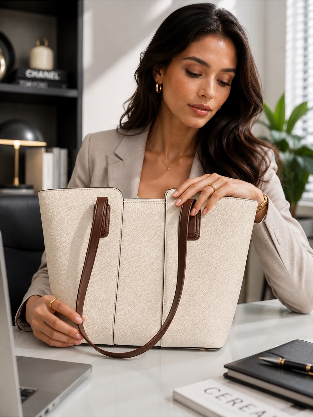 Elegant leather  Cream & Brown Tote Bag – Designer-Inspired Women’s Handbag